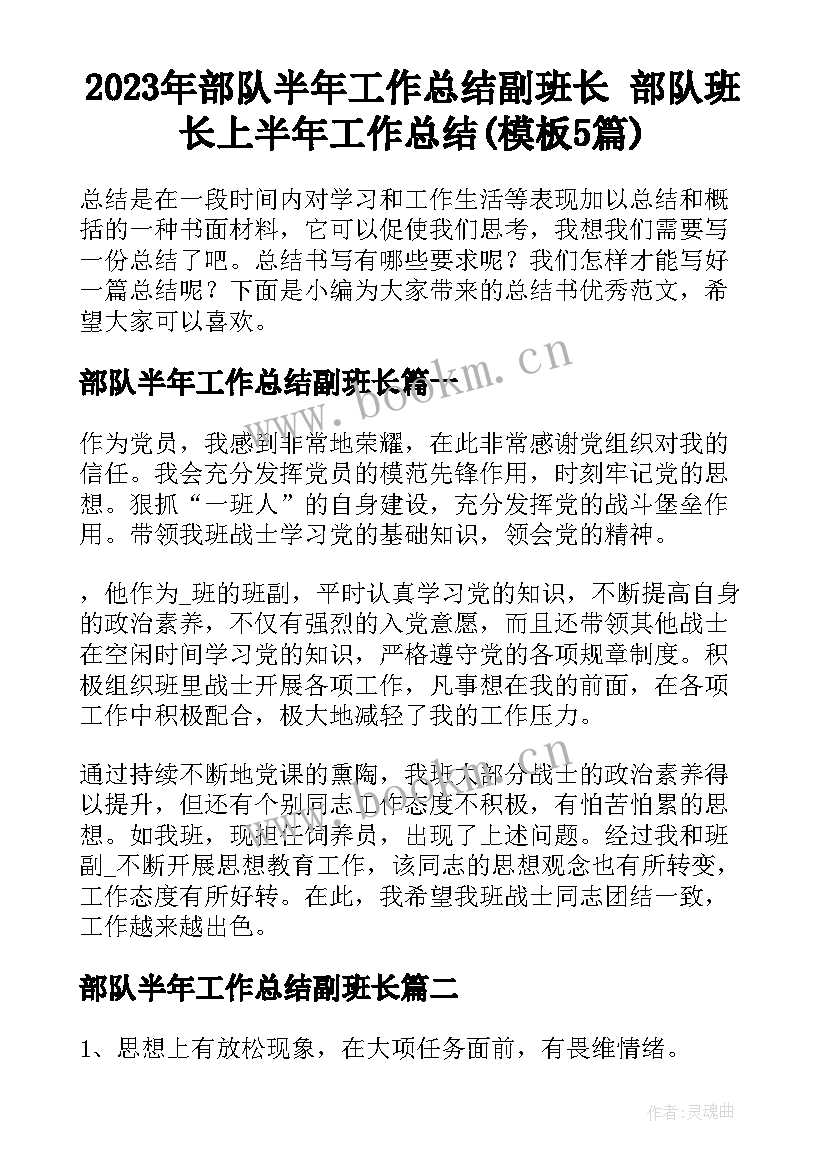 2023年部队半年工作总结副班长 部队班长上半年工作总结(模板5篇)