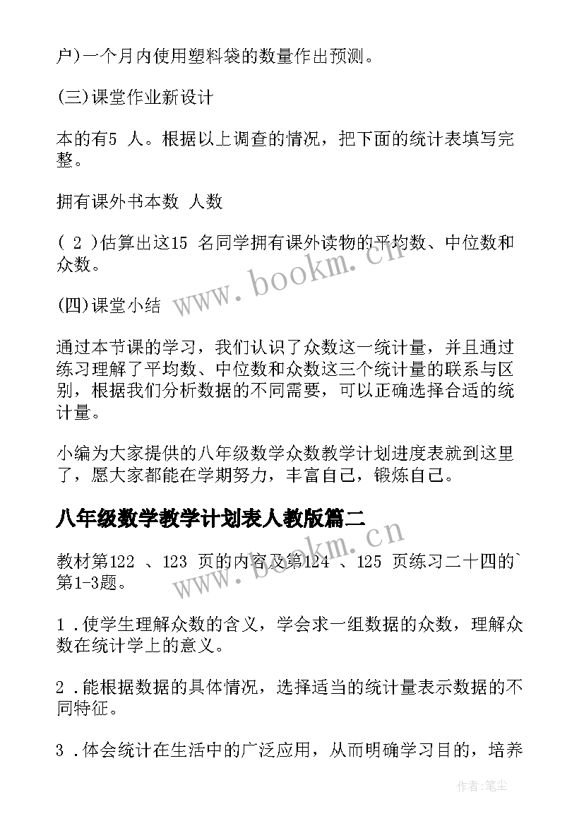 八年级数学教学计划表人教版 八年级数学教学计划(汇总10篇)