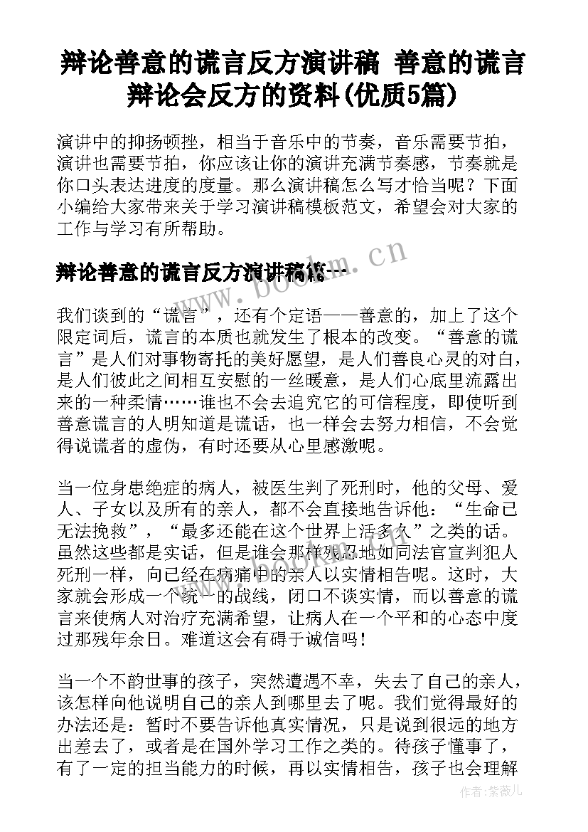 辩论善意的谎言反方演讲稿 善意的谎言辩论会反方的资料(优质5篇)