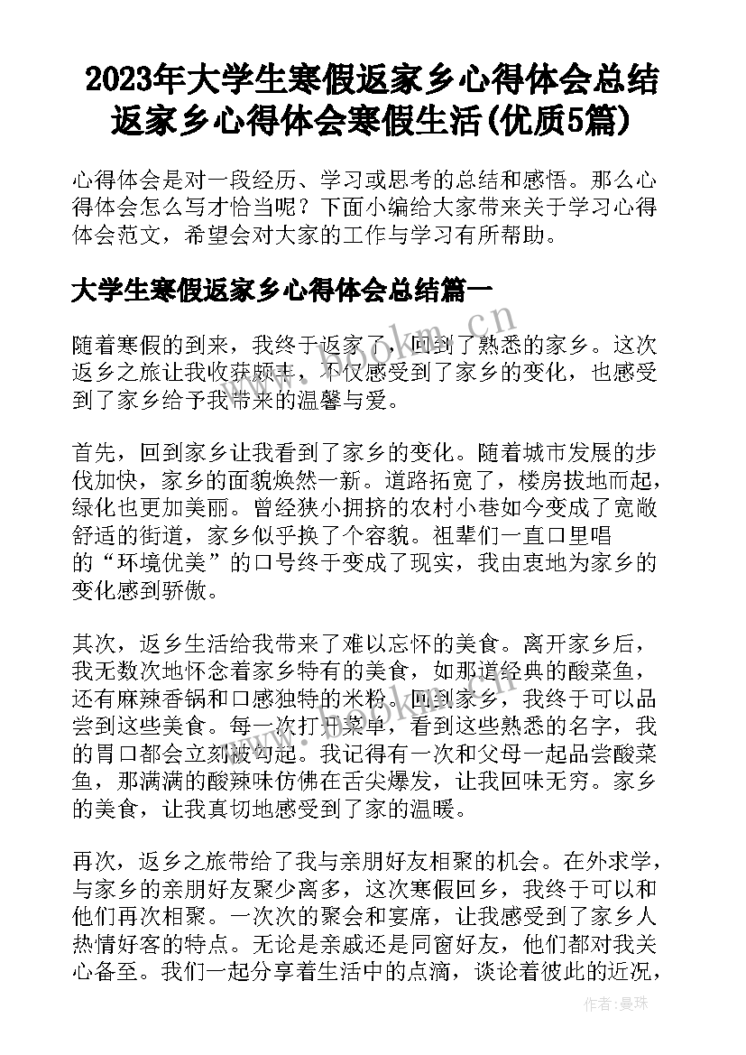 2023年大学生寒假返家乡心得体会总结 返家乡心得体会寒假生活(优质5篇)