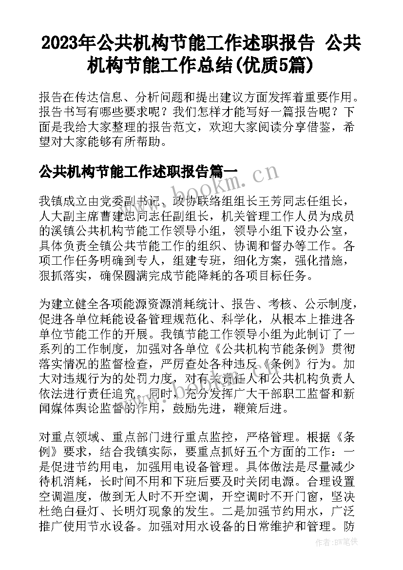 2023年公共机构节能工作述职报告 公共机构节能工作总结(优质5篇)