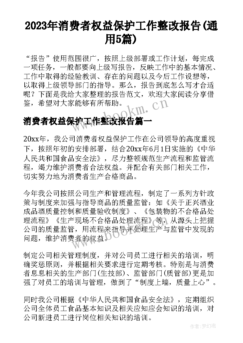 2023年消费者权益保护工作整改报告(通用5篇)