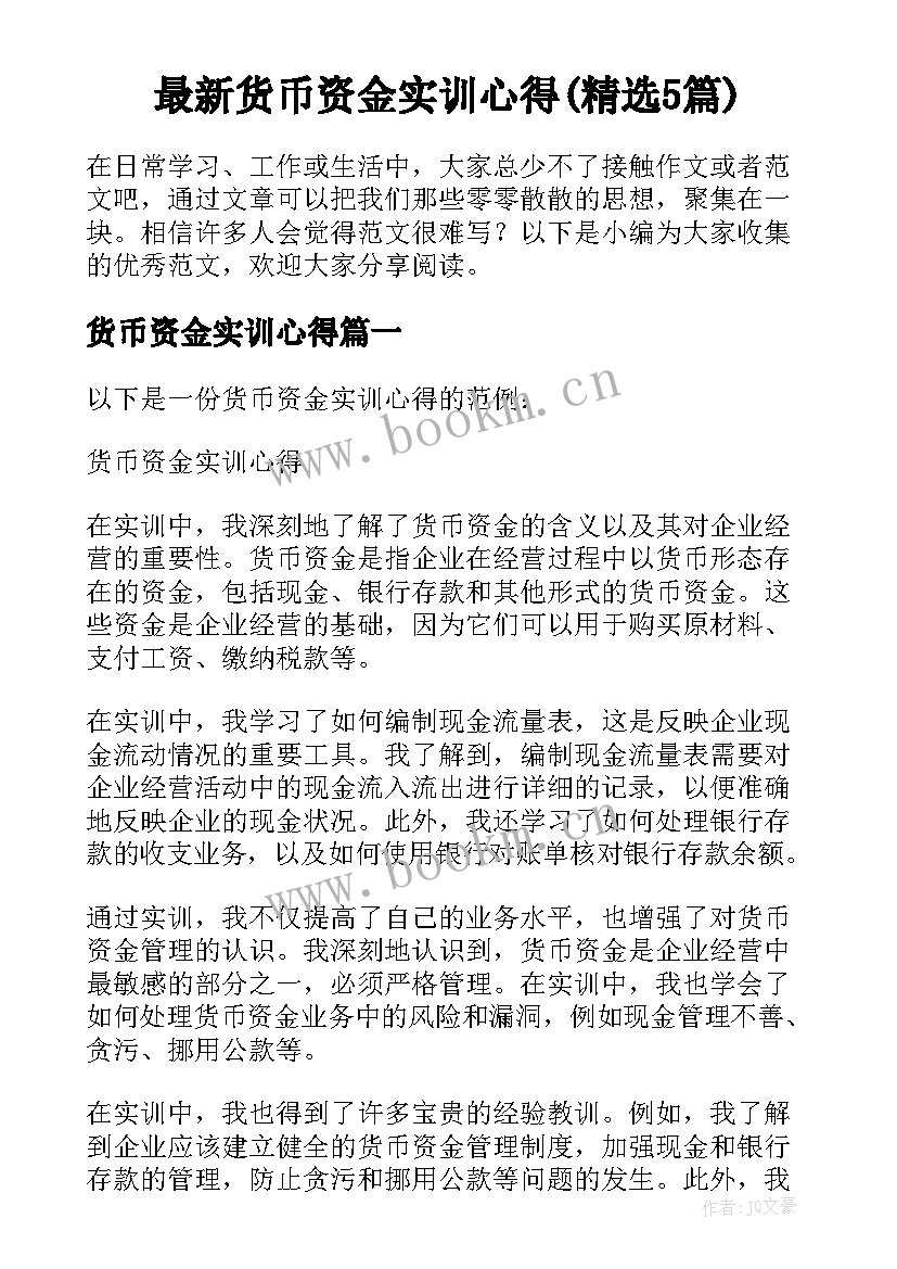 最新货币资金实训心得(精选5篇)