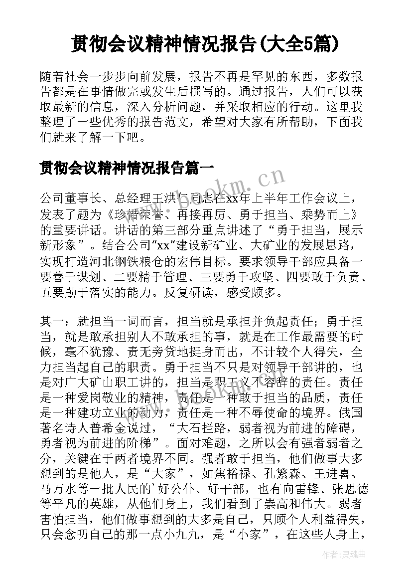 贯彻会议精神情况报告(大全5篇)