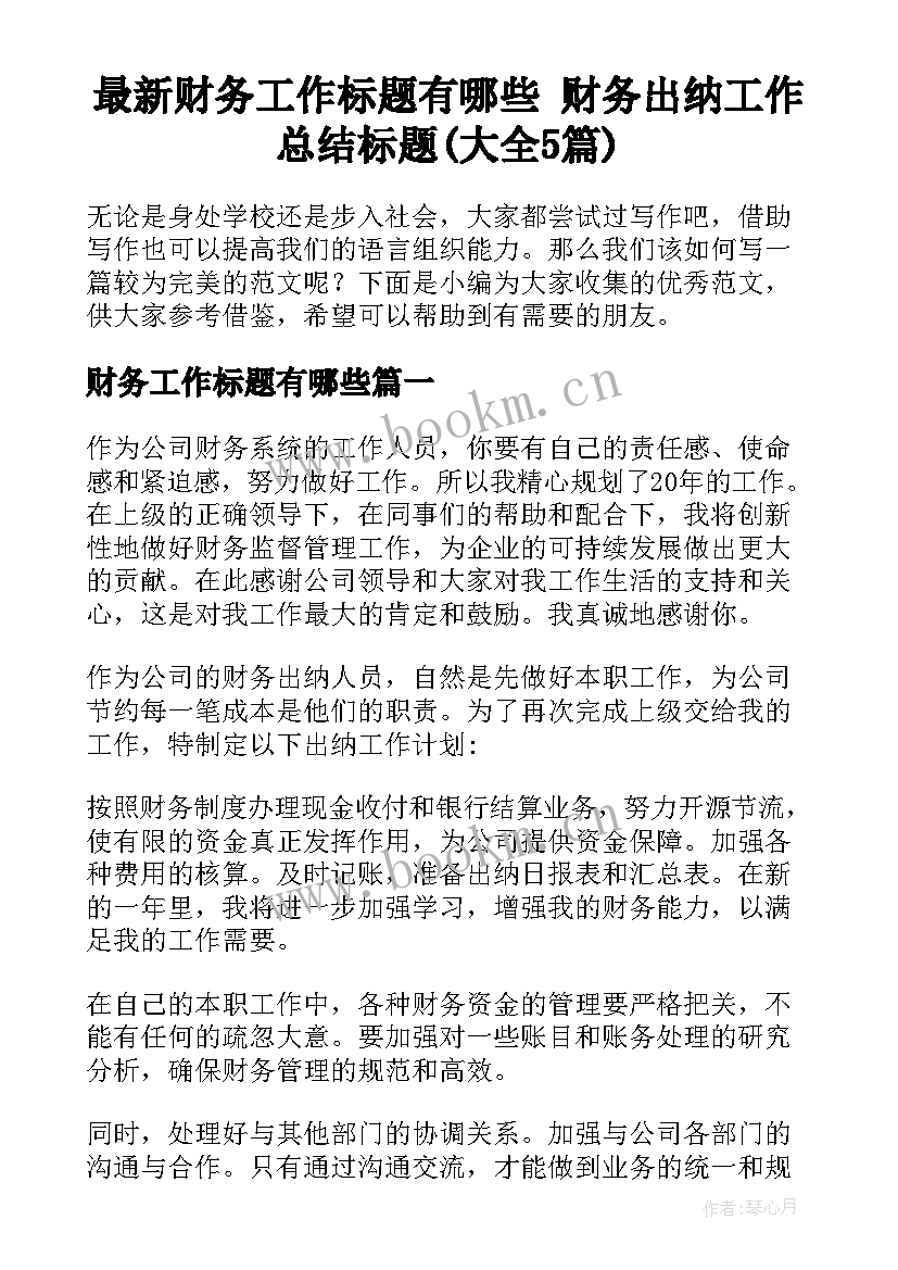 最新财务工作标题有哪些 财务出纳工作总结标题(大全5篇)