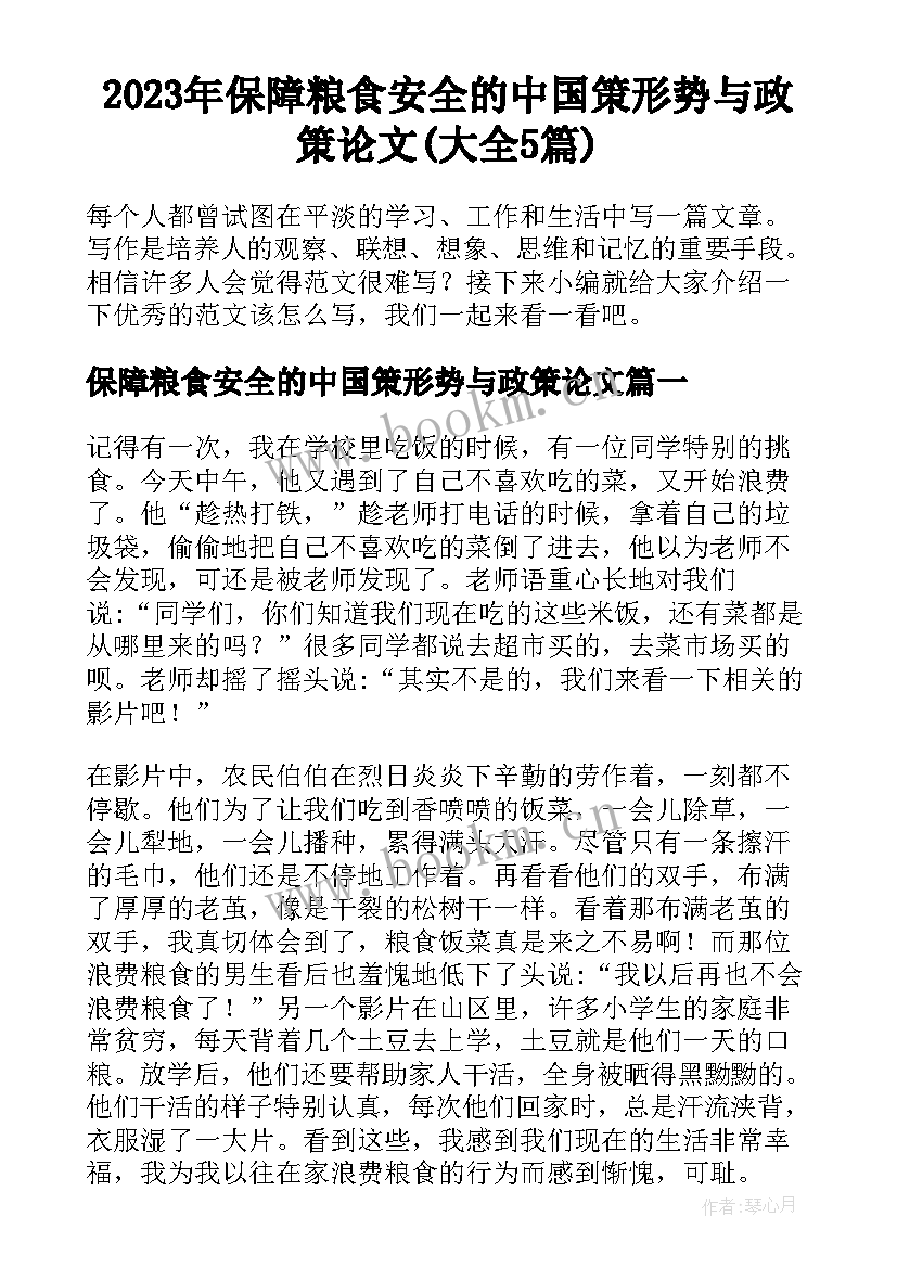 2023年保障粮食安全的中国策形势与政策论文(大全5篇)