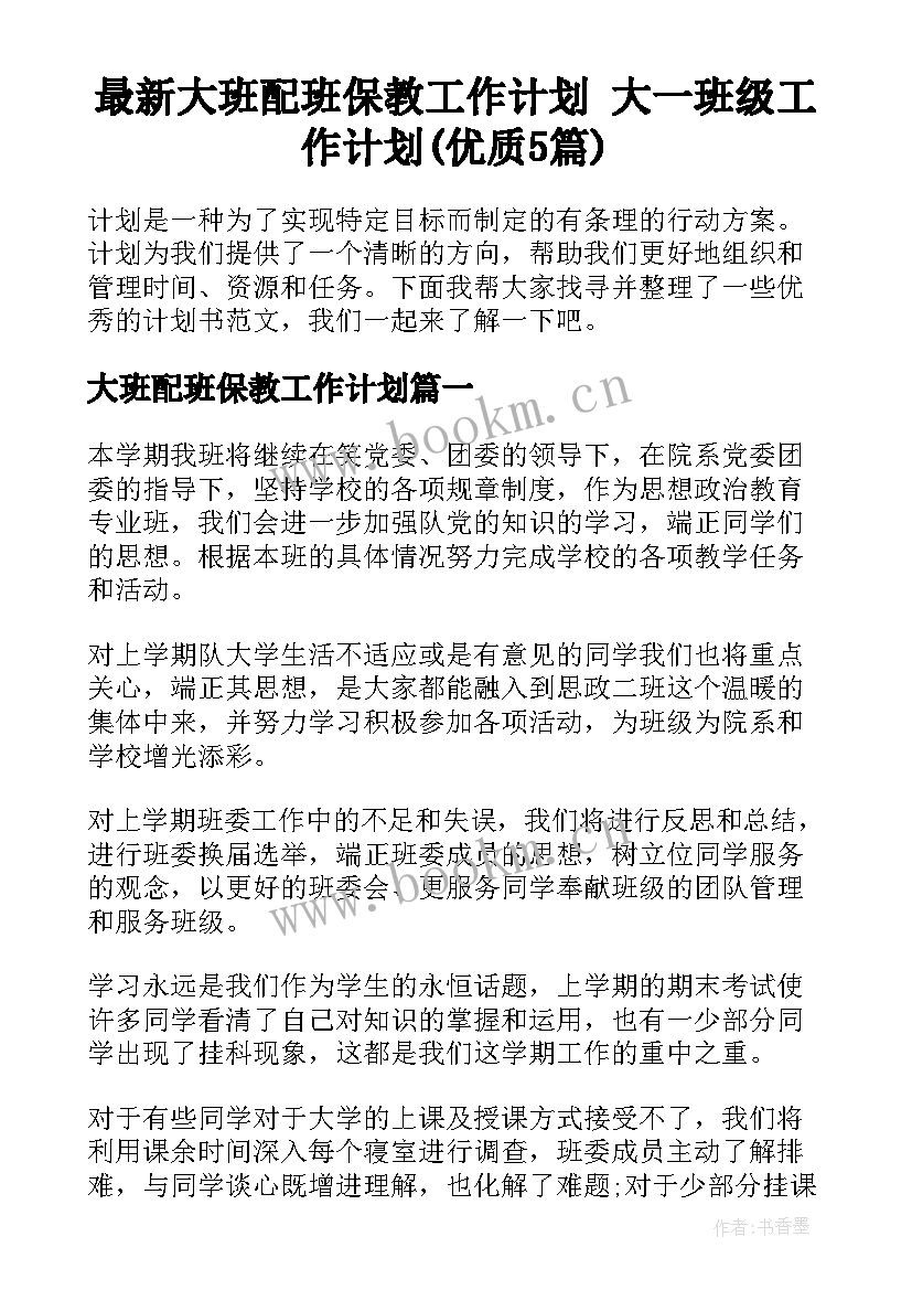 最新大班配班保教工作计划 大一班级工作计划(优质5篇)