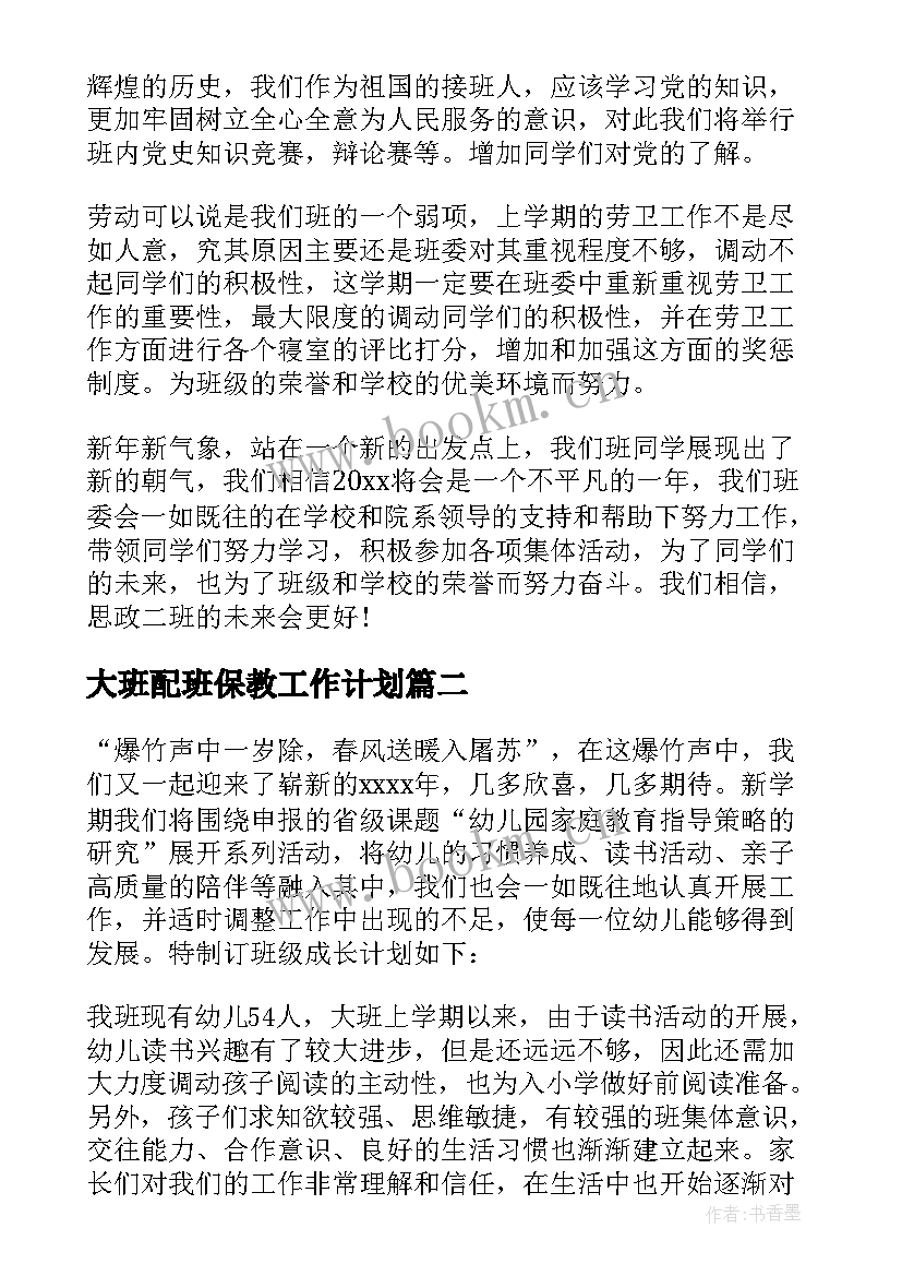 最新大班配班保教工作计划 大一班级工作计划(优质5篇)