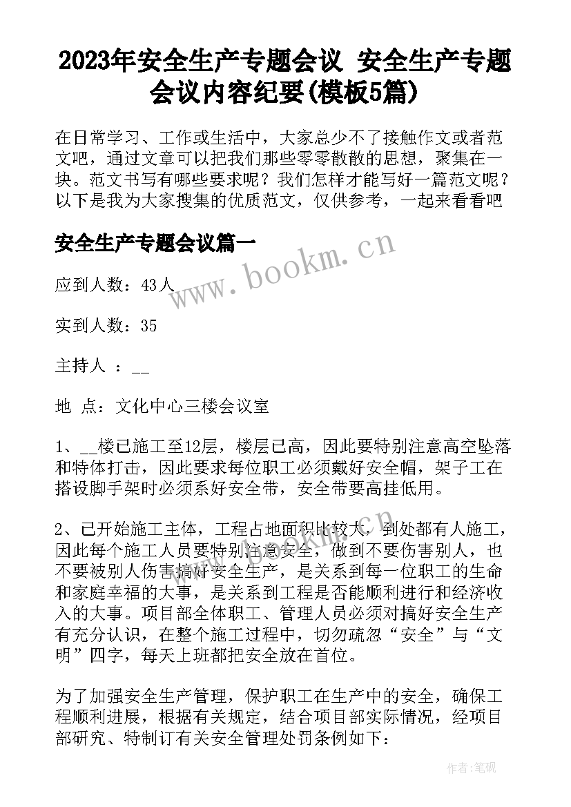 2023年安全生产专题会议 安全生产专题会议内容纪要(模板5篇)