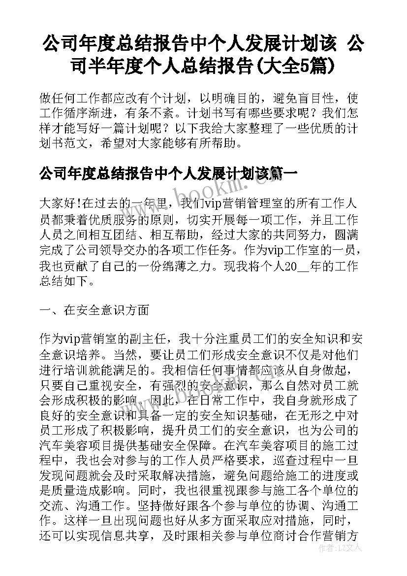 公司年度总结报告中个人发展计划该 公司半年度个人总结报告(大全5篇)