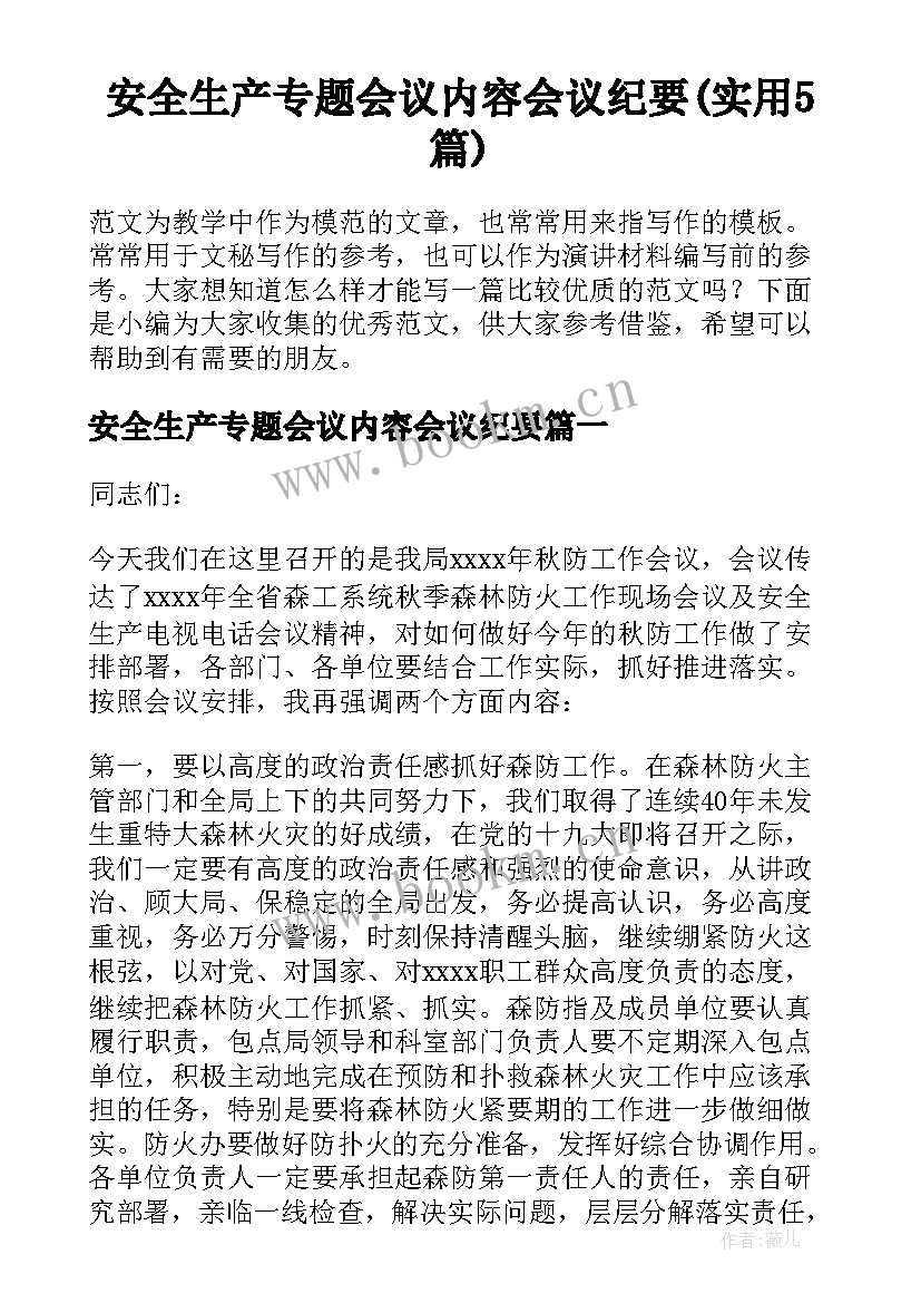 安全生产专题会议内容会议纪要(实用5篇)