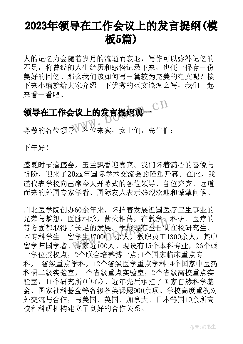 2023年领导在工作会议上的发言提纲(模板5篇)