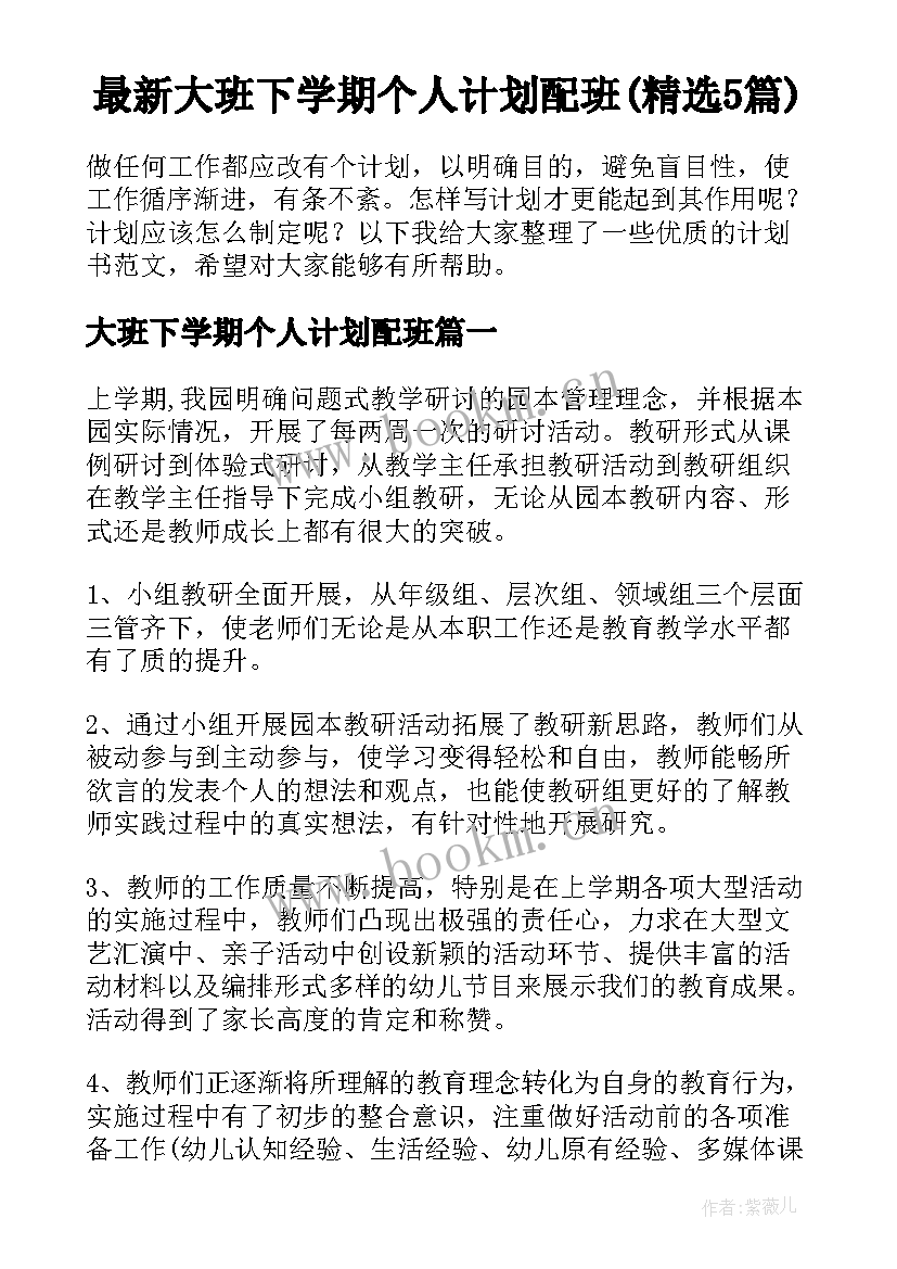 最新大班下学期个人计划配班(精选5篇)