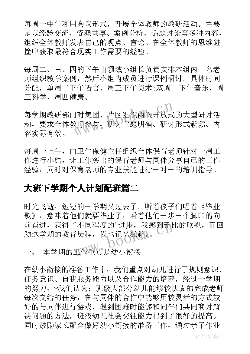 最新大班下学期个人计划配班(精选5篇)