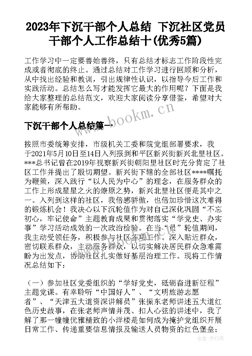 2023年下沉干部个人总结 下沉社区党员干部个人工作总结十(优秀5篇)