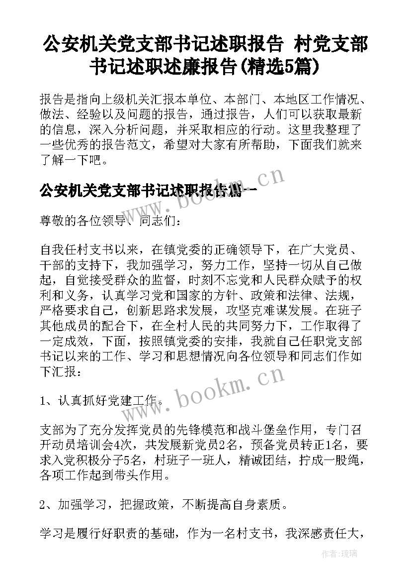 公安机关党支部书记述职报告 村党支部书记述职述廉报告(精选5篇)