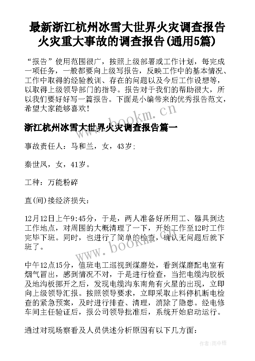 最新浙江杭州冰雪大世界火灾调查报告 火灾重大事故的调查报告(通用5篇)