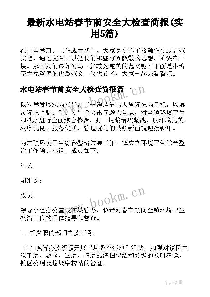 最新水电站春节前安全大检查简报(实用5篇)