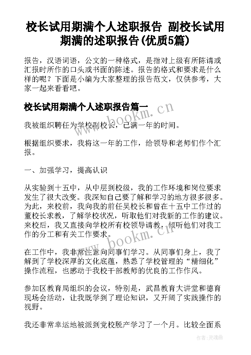 校长试用期满个人述职报告 副校长试用期满的述职报告(优质5篇)