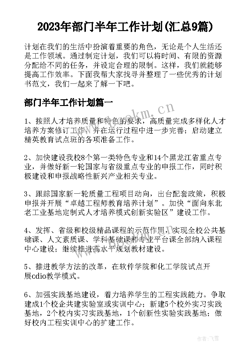 2023年部门半年工作计划(汇总9篇)