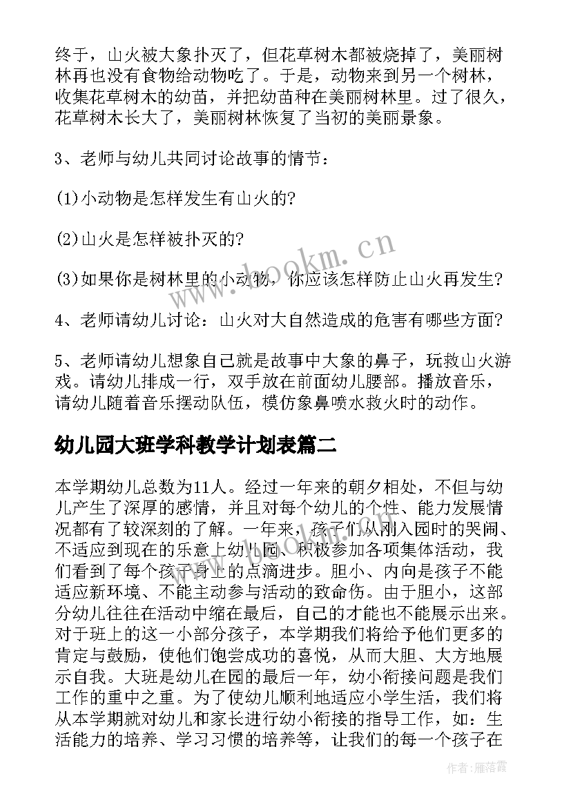 最新幼儿园大班学科教学计划表 幼儿园大班教学计划(汇总7篇)