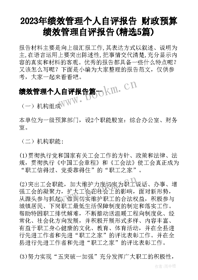 2023年绩效管理个人自评报告 财政预算绩效管理自评报告(精选5篇)