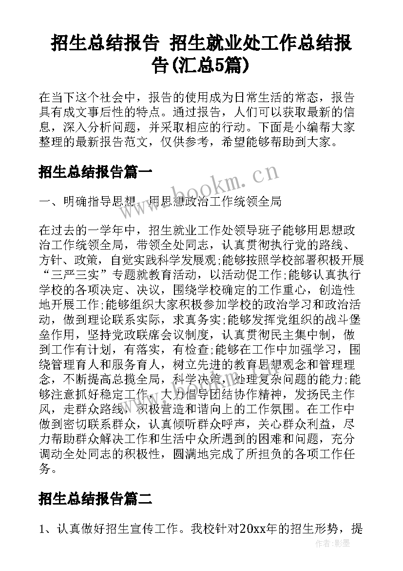 招生总结报告 招生就业处工作总结报告(汇总5篇)