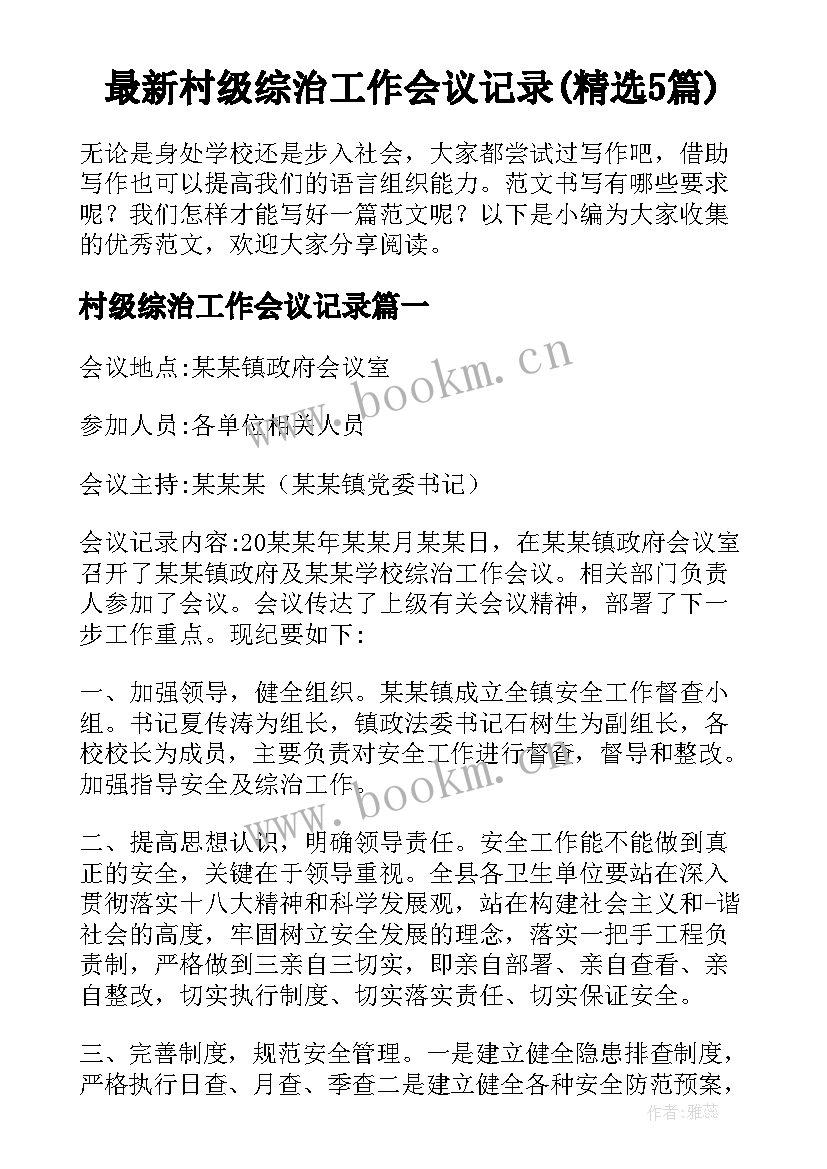 最新村级综治工作会议记录(精选5篇)