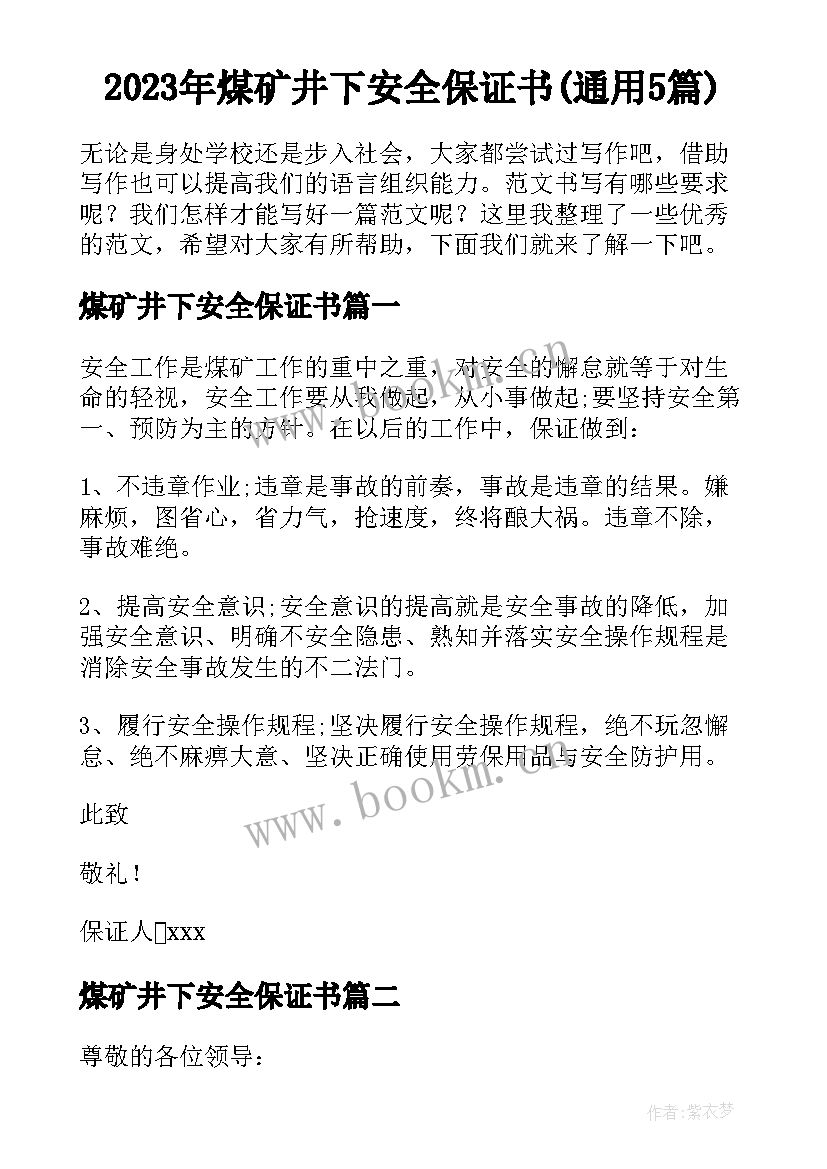 2023年煤矿井下安全保证书(通用5篇)