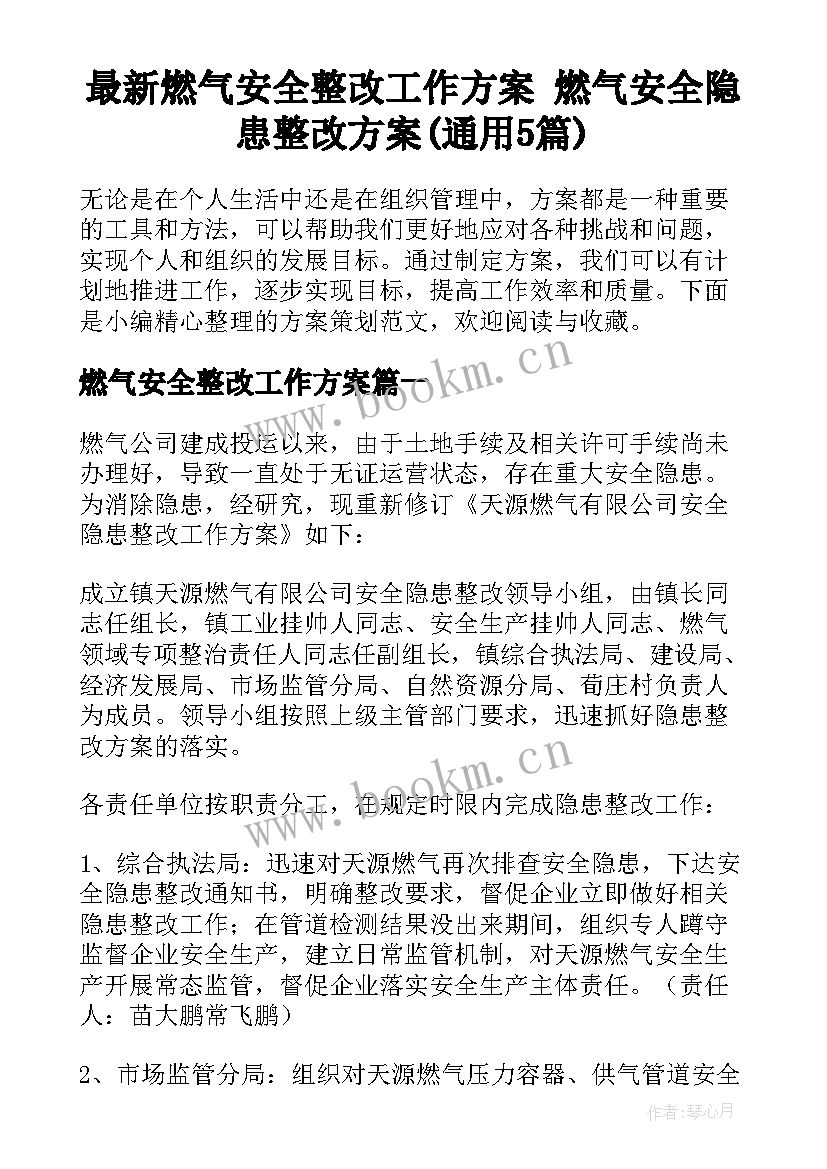 最新燃气安全整改工作方案 燃气安全隐患整改方案(通用5篇)