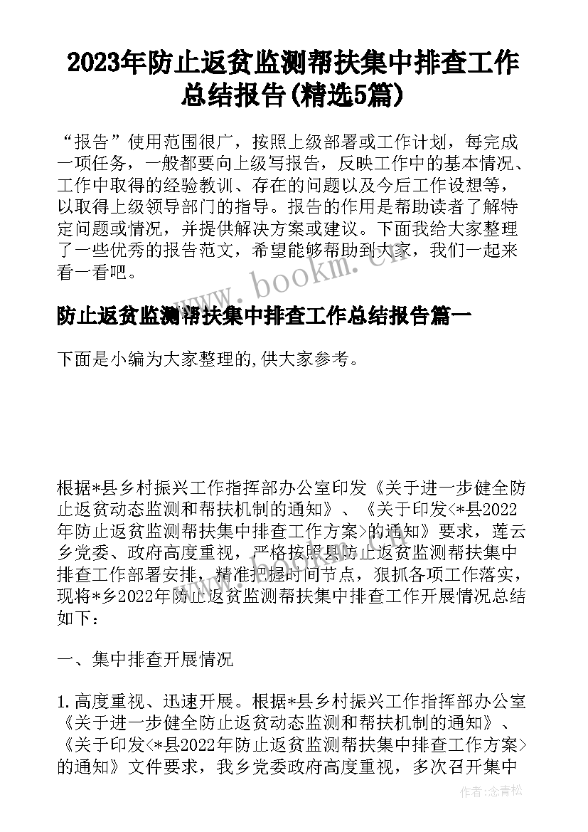 2023年防止返贫监测帮扶集中排查工作总结报告(精选5篇)