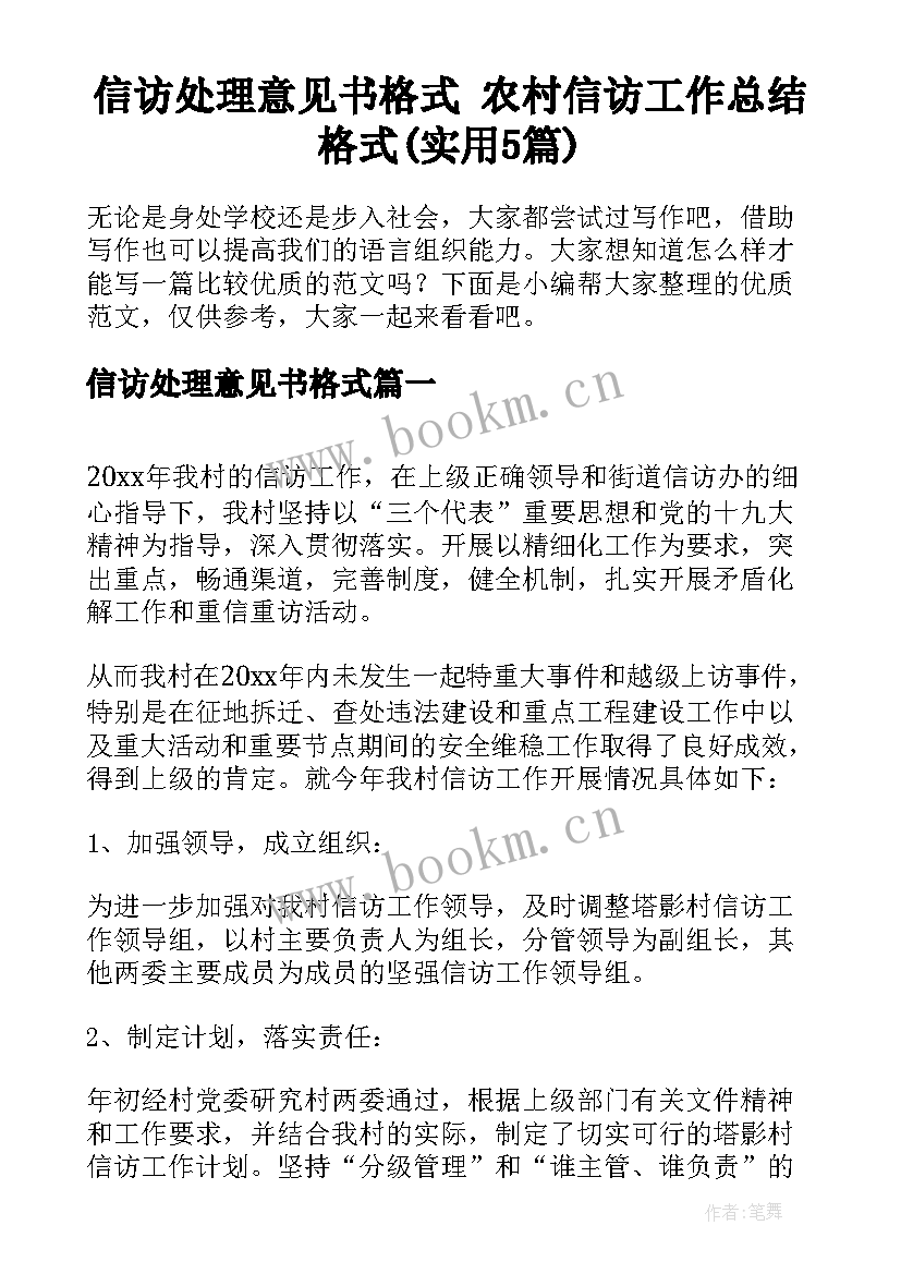 信访处理意见书格式 农村信访工作总结格式(实用5篇)