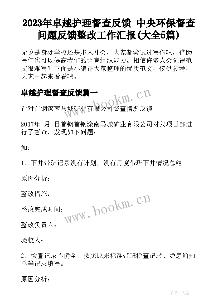 2023年卓越护理督查反馈 中央环保督查问题反馈整改工作汇报(大全5篇)