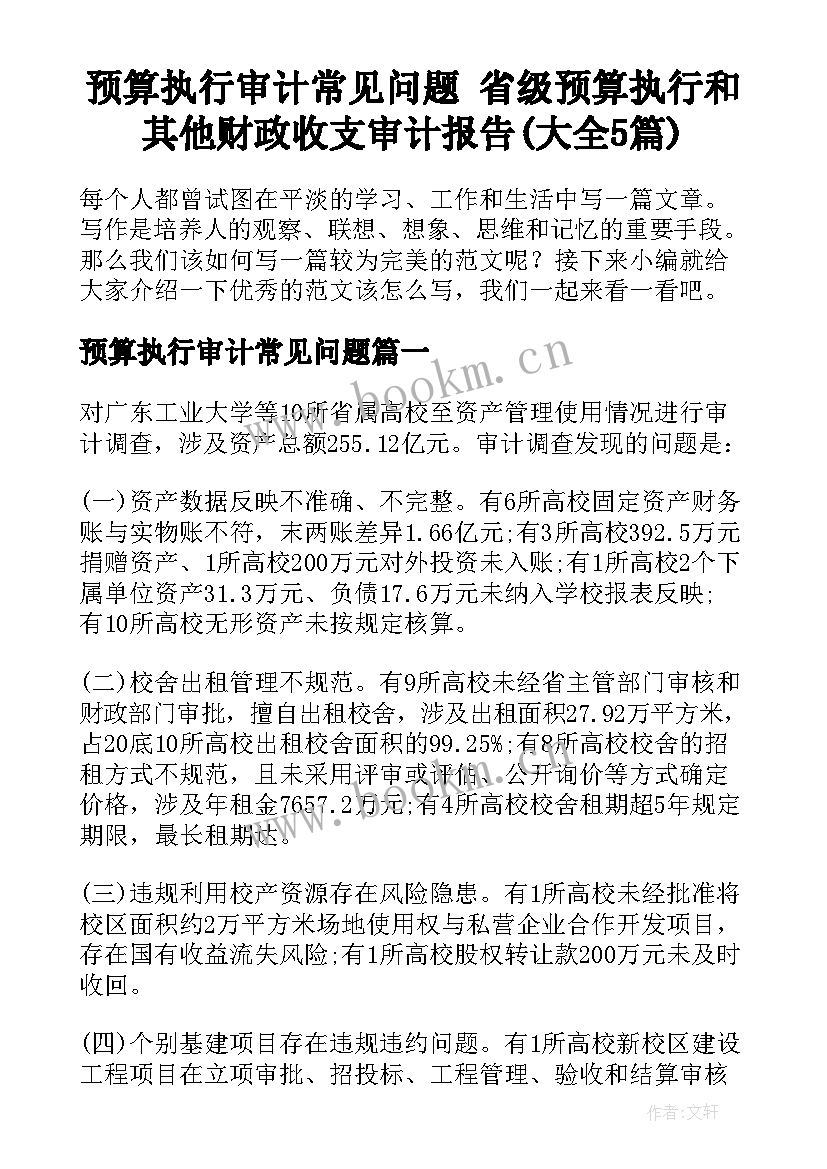 预算执行审计常见问题 省级预算执行和其他财政收支审计报告(大全5篇)