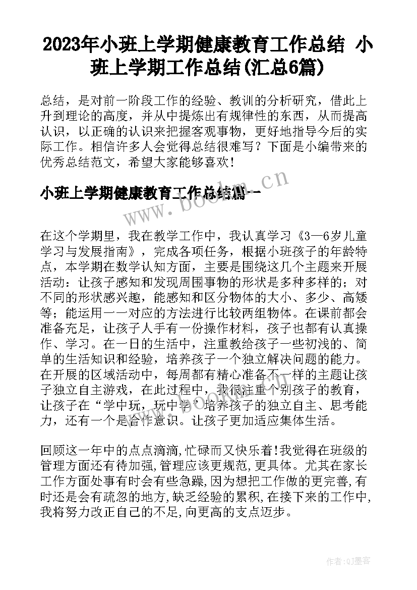 2023年小班上学期健康教育工作总结 小班上学期工作总结(汇总6篇)