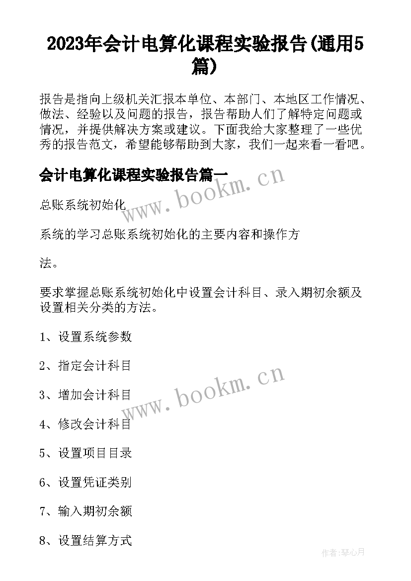 2023年会计电算化课程实验报告(通用5篇)