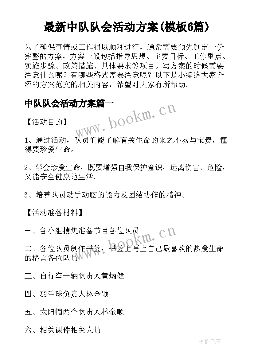 最新中队队会活动方案(模板6篇)