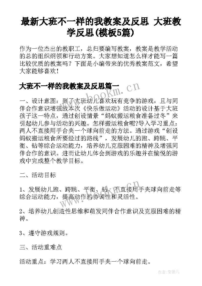 最新大班不一样的我教案及反思 大班教学反思(模板5篇)