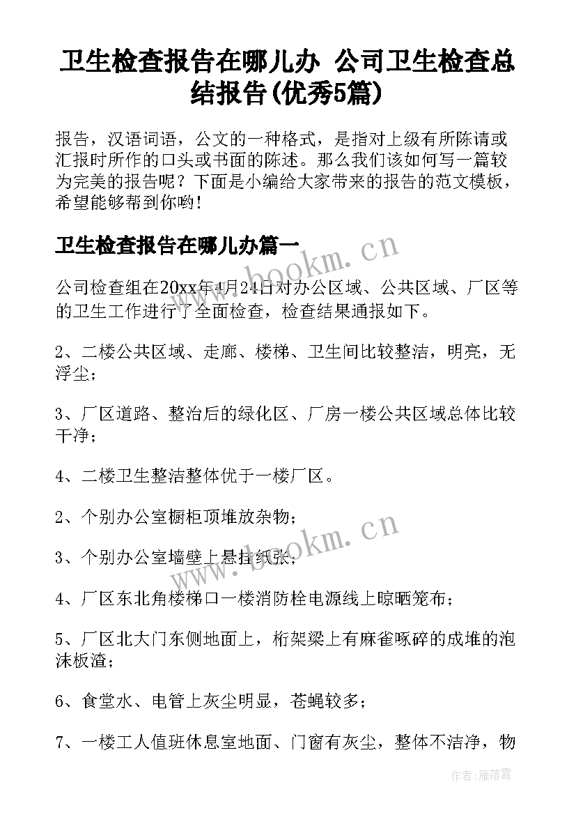 卫生检查报告在哪儿办 公司卫生检查总结报告(优秀5篇)