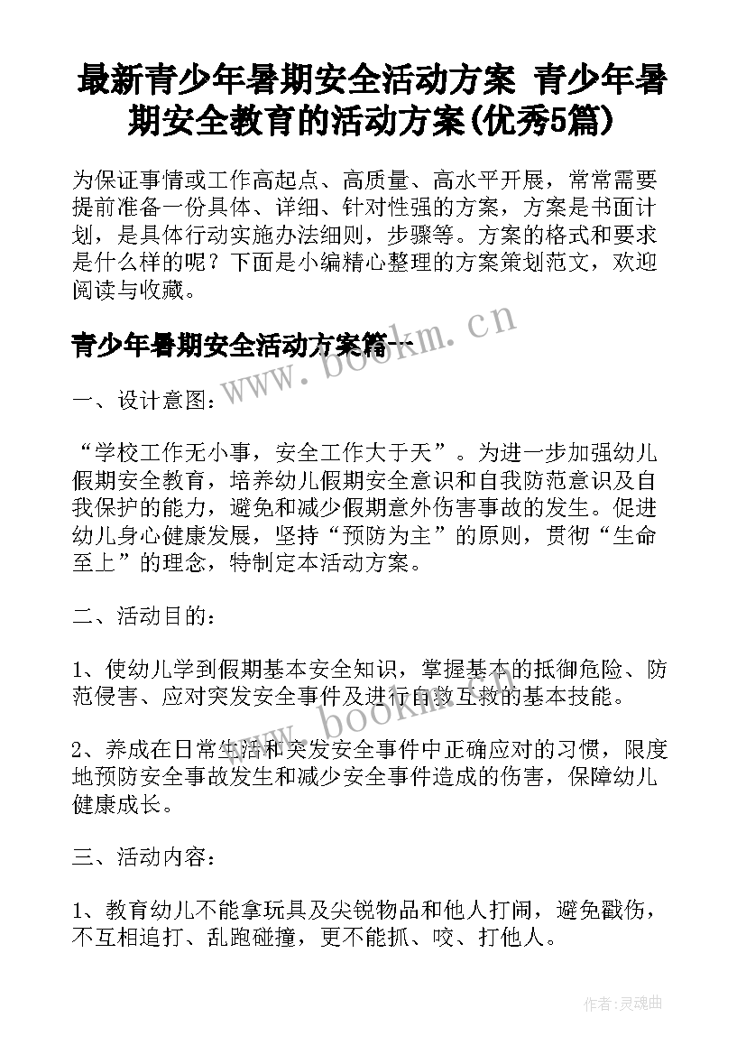 最新青少年暑期安全活动方案 青少年暑期安全教育的活动方案(优秀5篇)