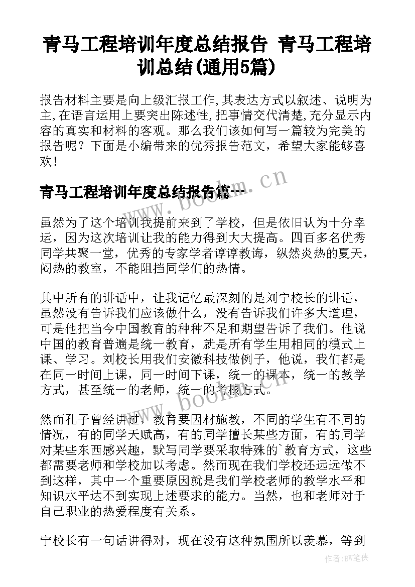 青马工程培训年度总结报告 青马工程培训总结(通用5篇)