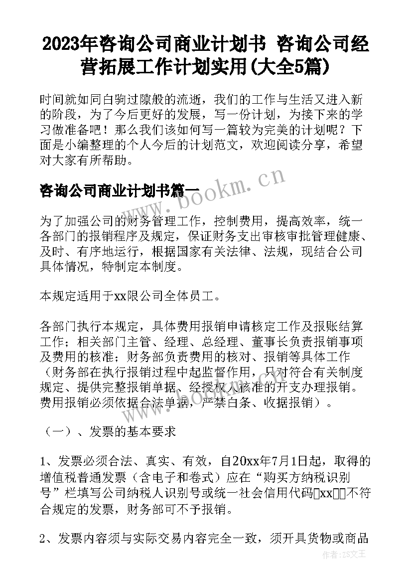 2023年咨询公司商业计划书 咨询公司经营拓展工作计划实用(大全5篇)