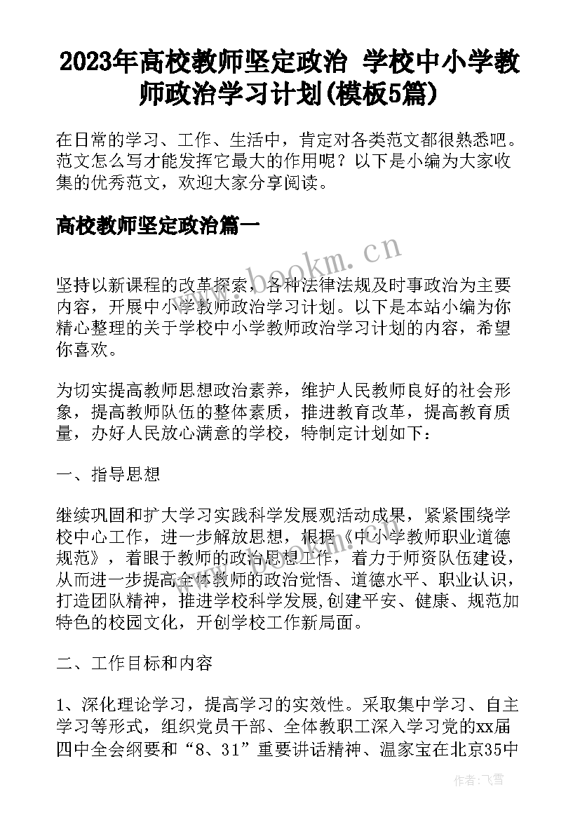 2023年高校教师坚定政治 学校中小学教师政治学习计划(模板5篇)