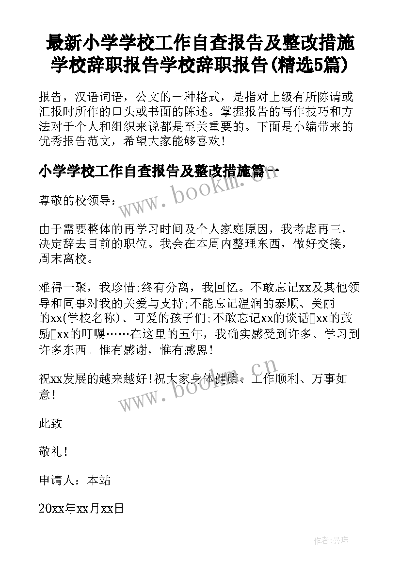 最新小学学校工作自查报告及整改措施 学校辞职报告学校辞职报告(精选5篇)