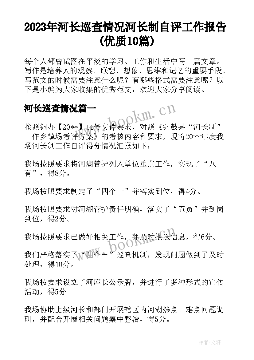 2023年河长巡查情况 河长制自评工作报告(优质10篇)