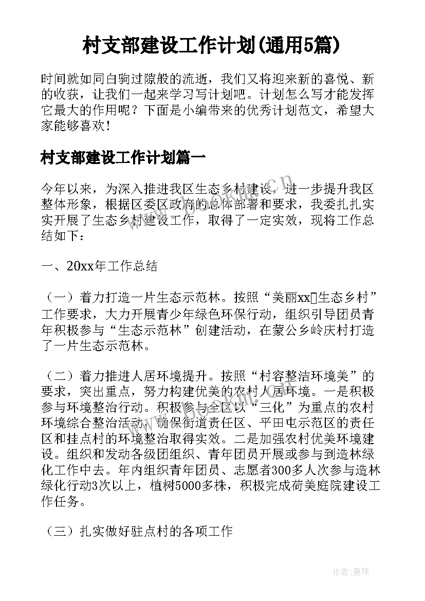 村支部建设工作计划(通用5篇)