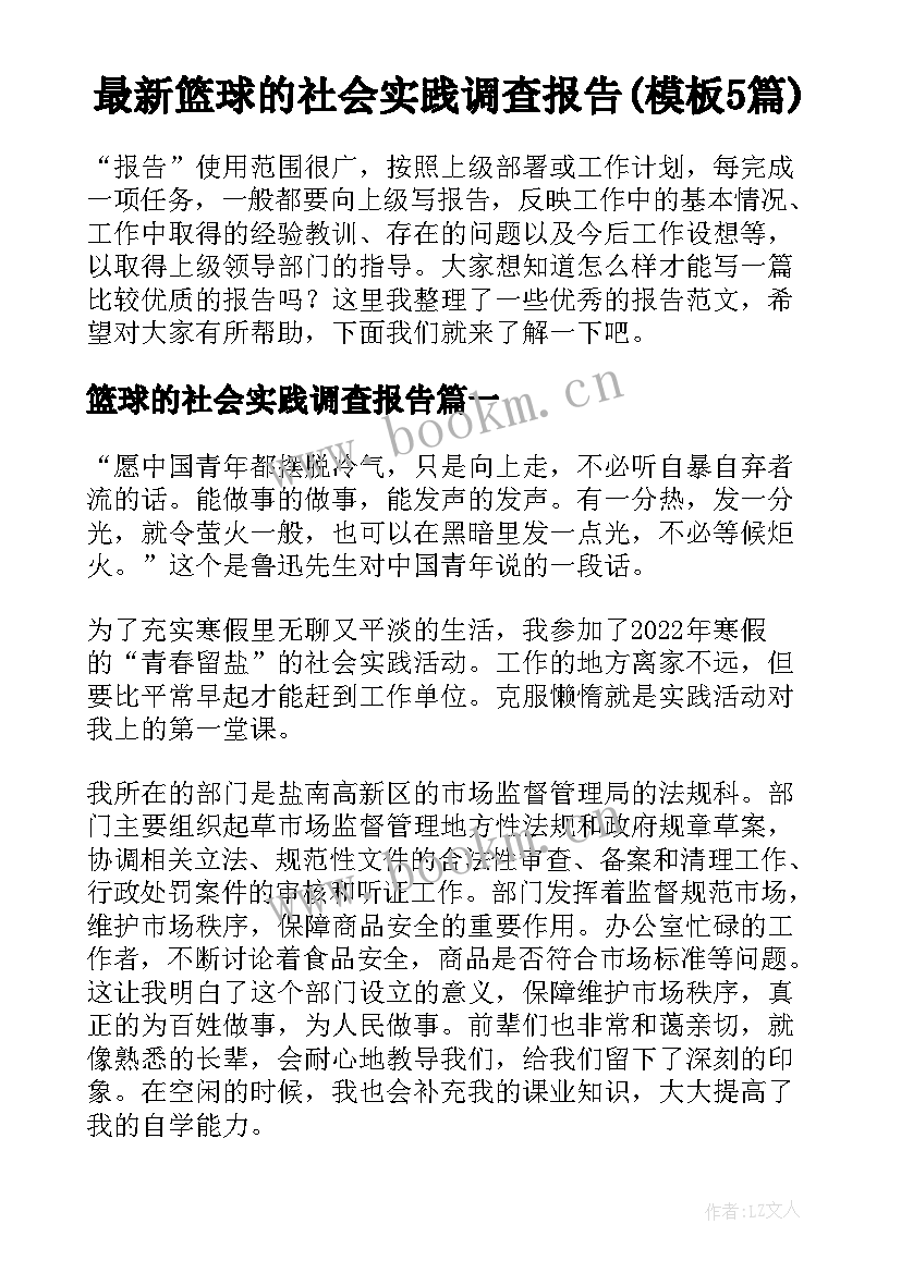 最新篮球的社会实践调查报告(模板5篇)