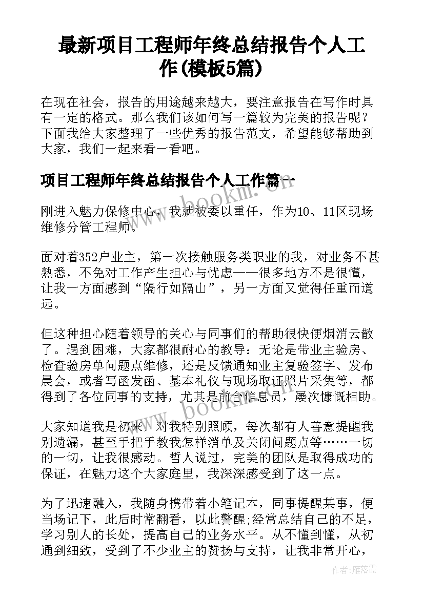 最新项目工程师年终总结报告个人工作(模板5篇)