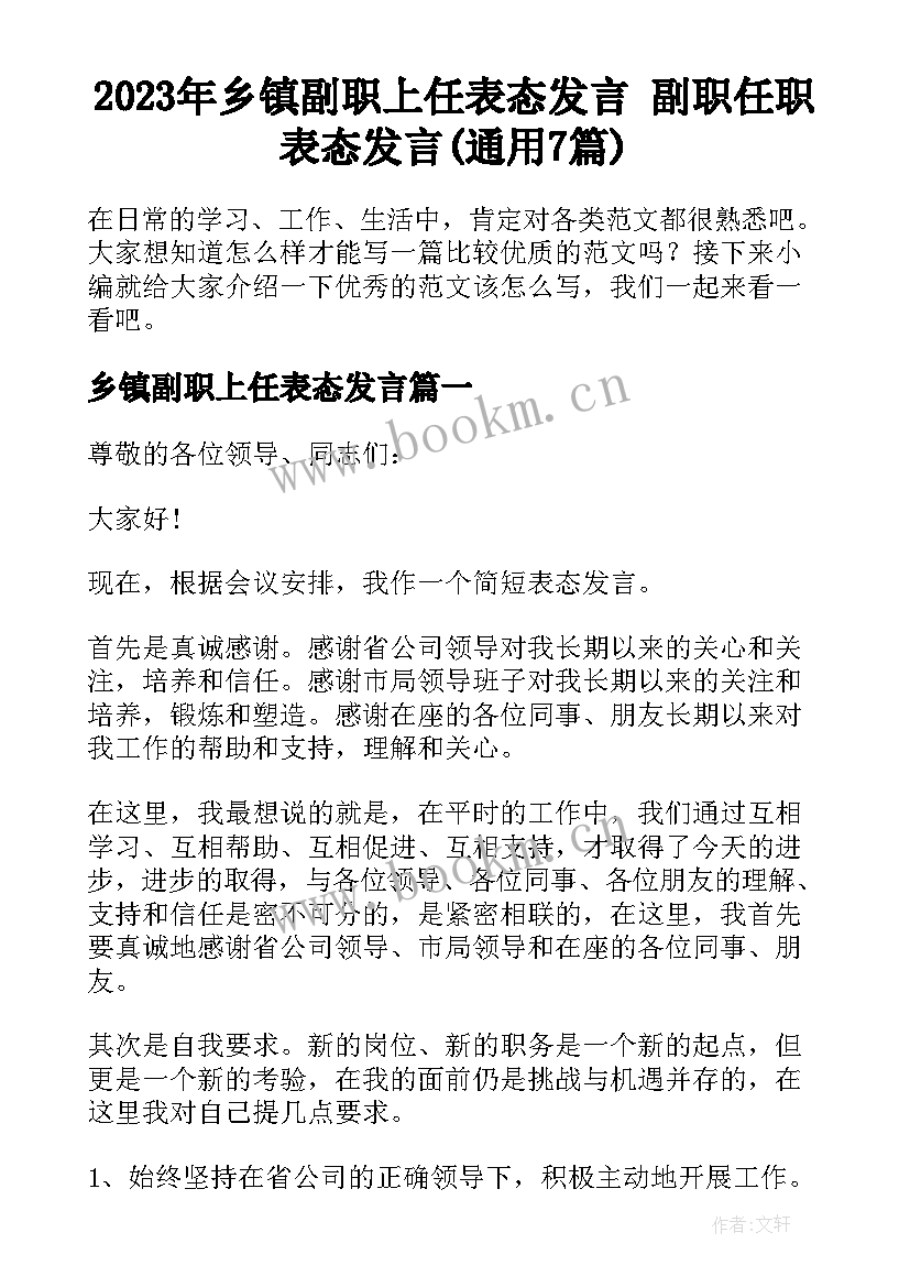 2023年乡镇副职上任表态发言 副职任职表态发言(通用7篇)