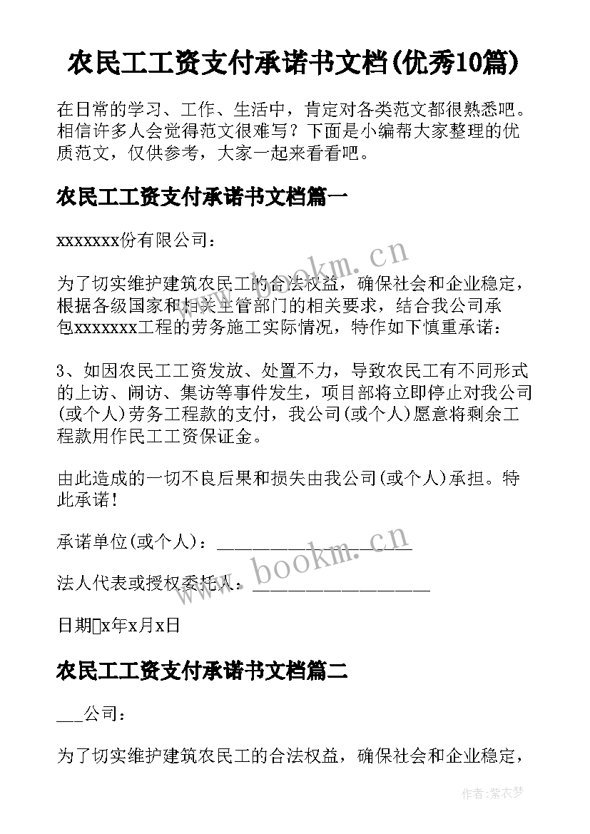 农民工工资支付承诺书文档(优秀10篇)